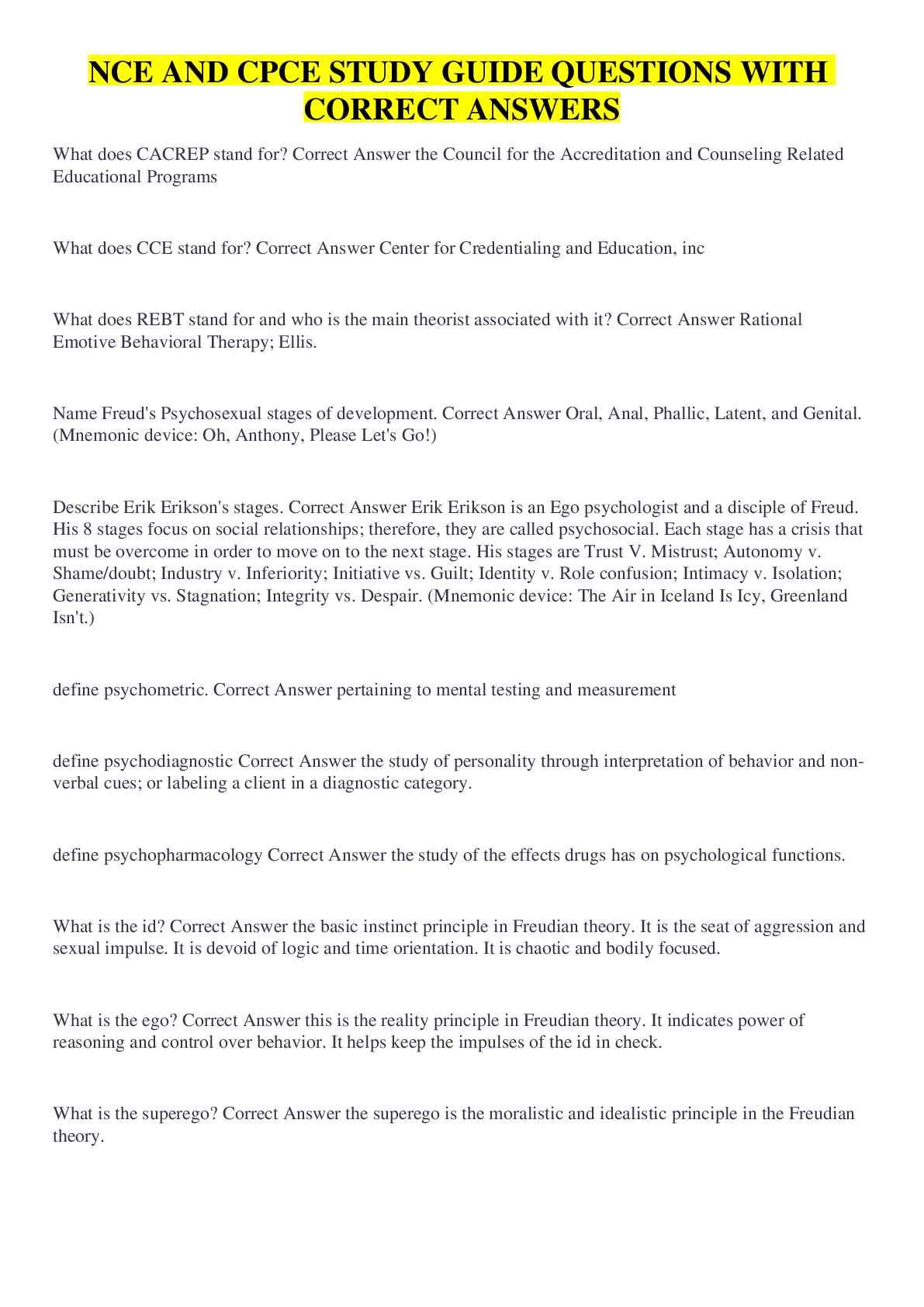 Preview image for NCE AND CPCE STUDY GUIDE QUESTIONS WITH CORRECT ANSWERS